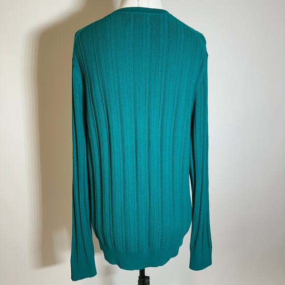 Lands End Green V-Neck Cotton Herringbone Knit Sweater Mens Size Large L 42-44 - Picture 4 of 7
